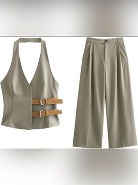 Zara Beige Taupe Wide-Leg Pants with Matching Vest and Tan Belt Accents